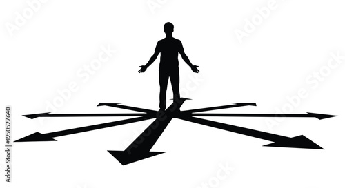A silhouetted figure stands at a crossroads with arrows pointing in multiple directions