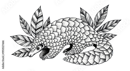 Pangolin surrounded by tropical leaves, black and white illustration, unique animal drawing