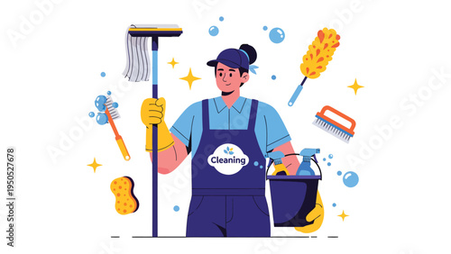 Cleaning Crew's Expertise: Depicting a focused cleaner equipped with essential tools and products. This image encapsulates the essence of cleanliness and hygiene, highlighting their dedication. 