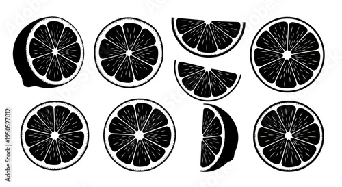 Set of Fresh Orange Slices and Halves, Black and White Vector Illustrations
