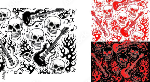 Skull and Electric Guitar Rock Music Pattern with Flames and Notes