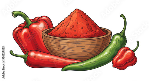 Spicy Red Chili Pepper Powder in Bowl with Fresh Peppers