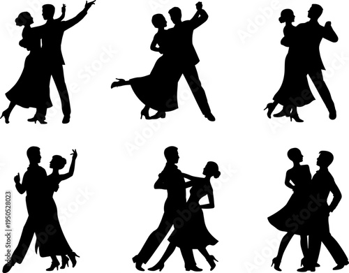 Ballroom dance couple silhouettes, romantic partner dancing, tango waltz movement, elegant dancers, love performance, people dancing, flat vector illustration