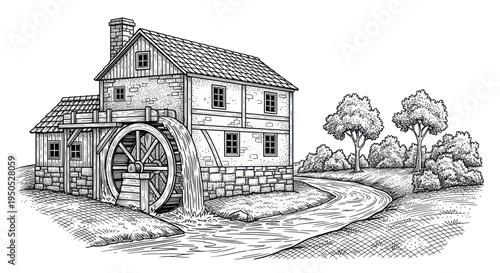 Vintage Watermill Building with Wooden Wheel and River - Hand Drawn Sketch