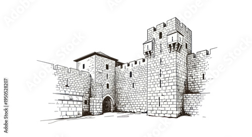Ancient Stone Fortress Gate and Battlements, Historic Architecture Sketch
