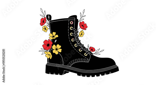 Black combat boot with blooming red and yellow flowers