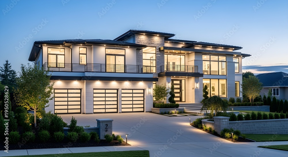 Fototapeta premium Modern luxury two-story house with illuminated exterior at dusk showcasing contemporary architecture and landscaping