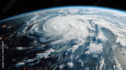 Massive hurricane seen from space over planet Earth at night