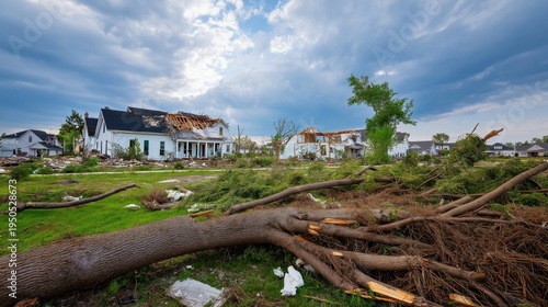 Suburban neighborhood devastated by severe storm, with fallen trees, damaged roofs, and scattered debris under dramatic clouds, showing tornado or hurricane aftermath and disaster recovery.