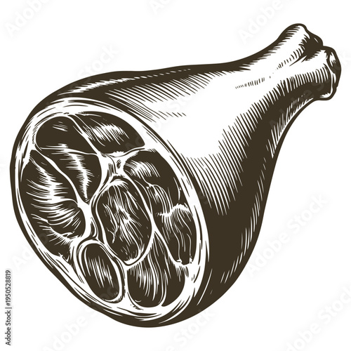 Big meat cut ham woodcut style drawing for butcher shop