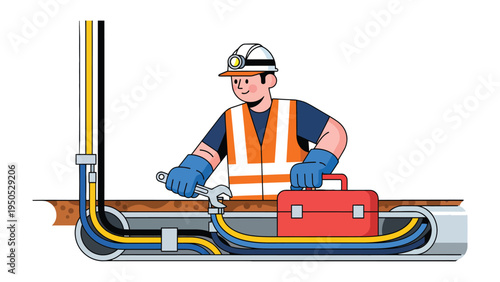 Electrical Technician at Work: An electrical technician meticulously works on electrical wires and conduits, equipped with essential tools for repair, ensuring safety and precision in their task.