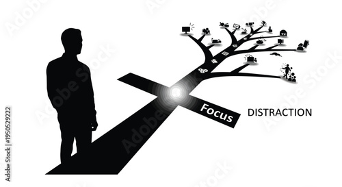 Silhouette of a man facing a tree overloaded with technology and distractions