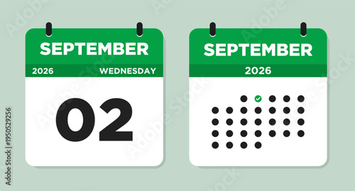 September 2 (Wednesday) 2026 Calendar page Vector Illustration. 2 September calendar page. Day calendar with date September 2. Week Starts on Sunday. Modern Calendar template icon.