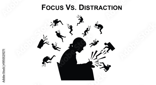 Focus vs distraction a silhouette of a woman surrounded by chaotic figures