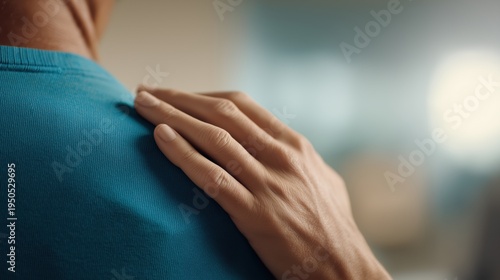 Close-up of a supportive hand resting on someone’s shoulder, symbolizing comfort, empathy, and encouragement in a caring relationship or counseling setting.