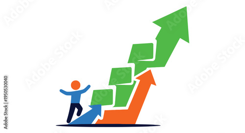 Person climbing a staircase of rising arrows symbolizing growth and success