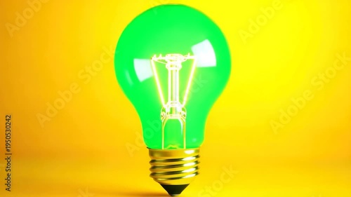 A green light bulb sits on top of a table, ready for use