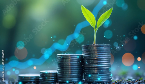 Banking delicate seed protected by coin stacks showing security trust and regulatory challenges close up theme digital transformation with futuristic background