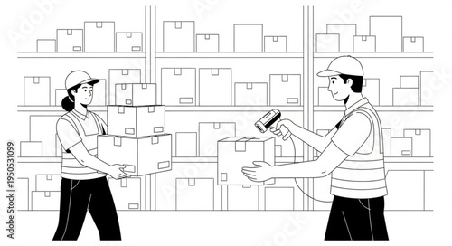 Warehouse Workers Scanning and Moving Boxes in a Warehouse.