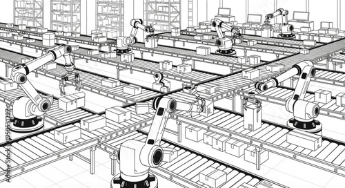 Automated Factory Assembly Line with Robotic Arms and Conveyor Belts.