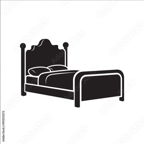 Black and white illustration of a bed with headboard and frame