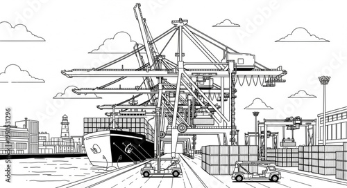 Detailed Line Art of a Busy Port with Cranes and Ships.