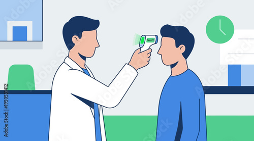 Professional Medical Worker Taking Patient's Forehead Temperature with Infrared Thermometer for Health Check, Prevention, and Safety