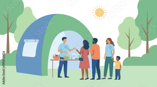 Diverse community volunteers share information and valuable services at an engaging outdoor outreach event in a sunny park setting