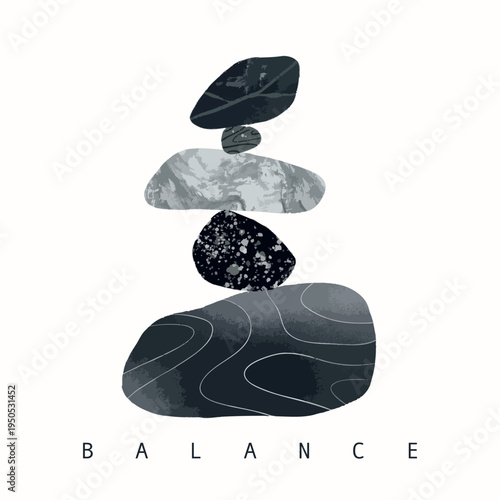 Stone Balance. Pyramid of pebbles. Various shapes, textures. Wellness, meditation, calm, balance, yoga, zen, harmony concept. Hand drawn Vector illustration. Poster, print, logo, design template