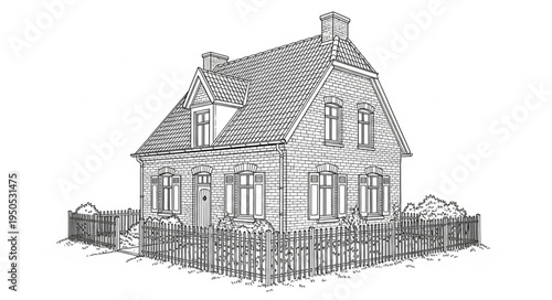 Detailed sketch of a charming two-story house with a picket fence.