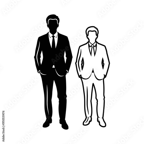 Two businessmen in suits standing side by side in black and white illustration hands in pockets on plain background
