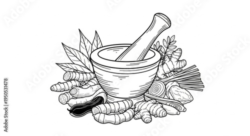Mortar and Pestle with Herbs and Spices Illustration.