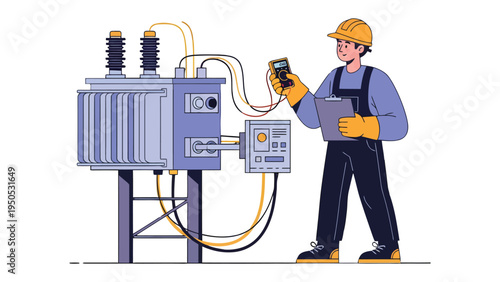 Electrical Technician: A focused technician diligently inspects and troubleshoots a complex electrical transformer, utilizing tools and instruments with precision.