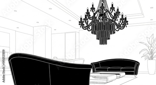 Elegant Interior - Ornate Chandelier and Luxurious Tufted Sofa in Monochrome.