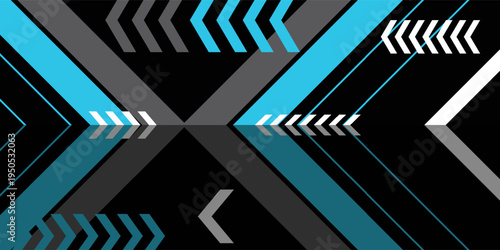 Abstract geometric background for racing sports and technology. Blue, gray, and white chevron arrow shapes with dynamic lines