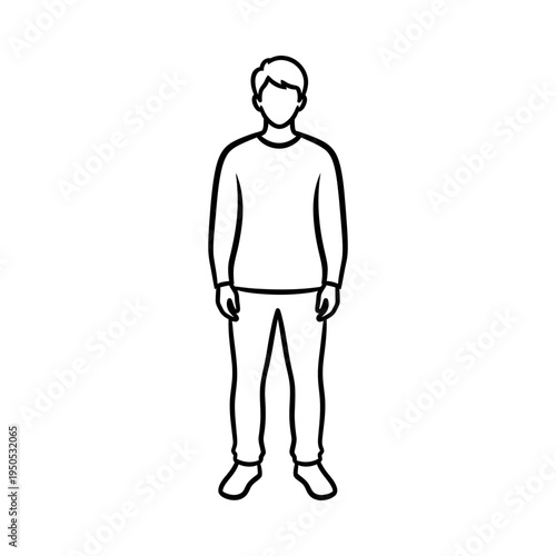 Man standing alone in a simple black line drawing style on a white background illustration for concepts of solitude or minimalism
