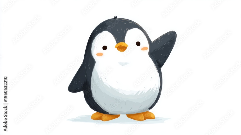 Fototapeta premium Adorable Penguin Waving with One Wing in Cute Cartoon Style on a Clean White Background