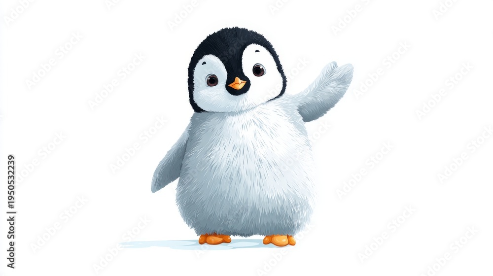 Fototapeta premium Adorable Waving Penguin Character in Clipart Style with Soft Textures and Friendly Expression on a White Background