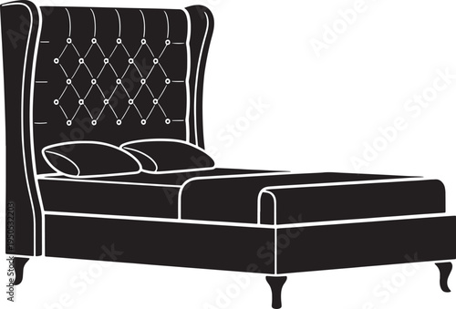 Black and white illustration of a bed with a tufted headboard