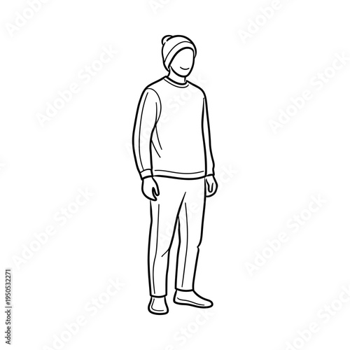 Faceless person wearing winter clothing standing alone in a minimalist setting with a neutral expression