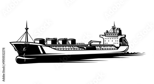 Detailed Illustration of a Cargo Ship at Sea.