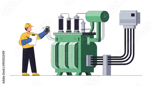 Electrical Transformer Inspection: A diligent technician, armed with professional attire, meticulously inspects a towering electrical transformer.