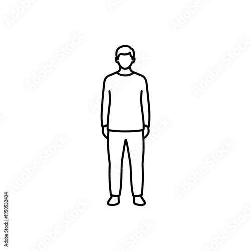 Simple line drawing of a person standing with hands by sides in casual clothes on white background