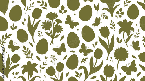 Easter eggs and spring flowers and butterflies pattern on white background