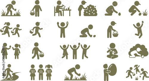 Collection of green silhouettes of people doing various activities on white background