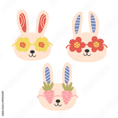 Cute Bunny Faces with Fun Sunglasses Illustration