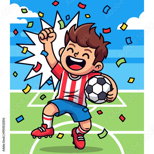A young boy celebrates winning a soccer game on a green field with confetti.