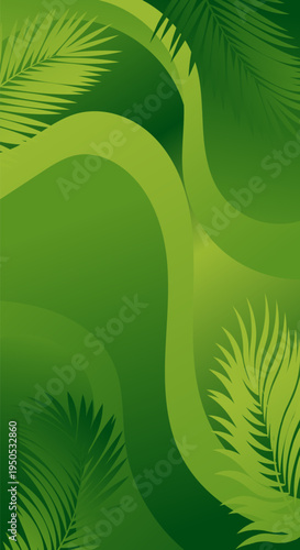 Abstract green background with flowing shapes and palm leaves for a tropical feel