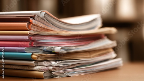 Stack of medical journals and research papers on a desk with organized scientific literature and healthcare publications for professional study and medical research