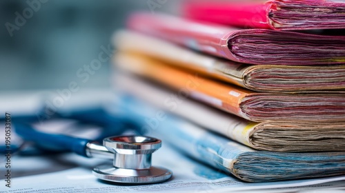 Stack of medical journals and research papers on a desk with organized scientific literature and healthcare publications for professional study and medical research